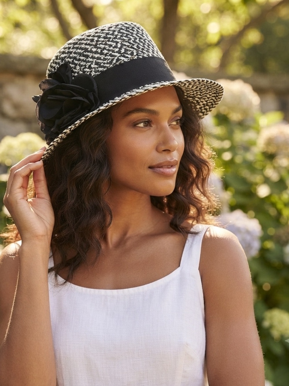 Apt. 9 Black and White Braided Straw Hat with Black Flower